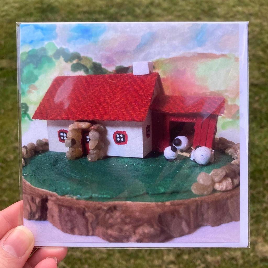 Red Harris Tweed Scottish Highland Sheep Farm Bothy Square Printed Greetings Card, Blank, Envelope included, Designed in Fife, Scotland