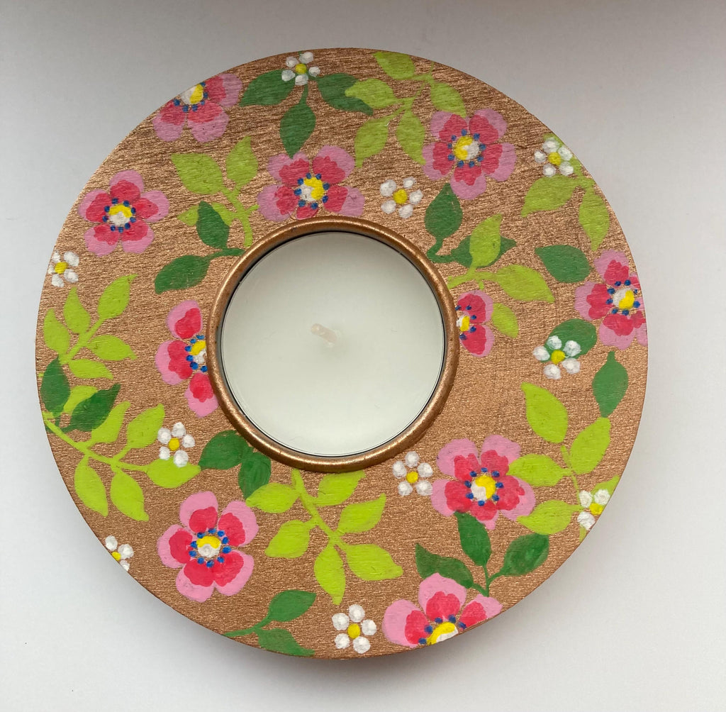 Rose Gold and Pink Floral Circular Hand Painted Tealight Candle Holder, Gift Boxed, Handmade in Scotland
