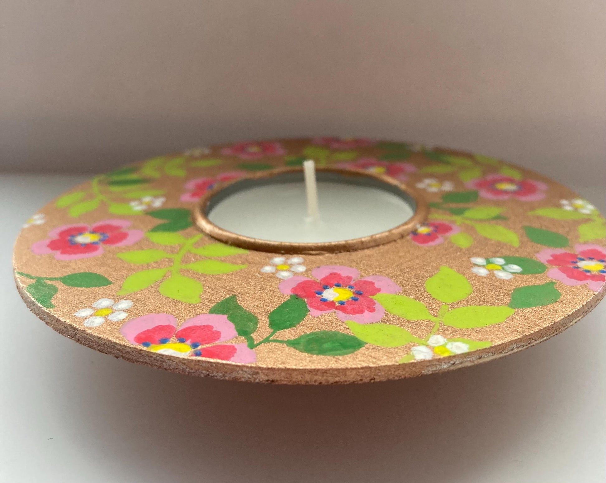 Rose Gold and Pink Floral Circular Hand Painted Tealight Candle Holder, Gift Boxed, Handmade in Scotland
