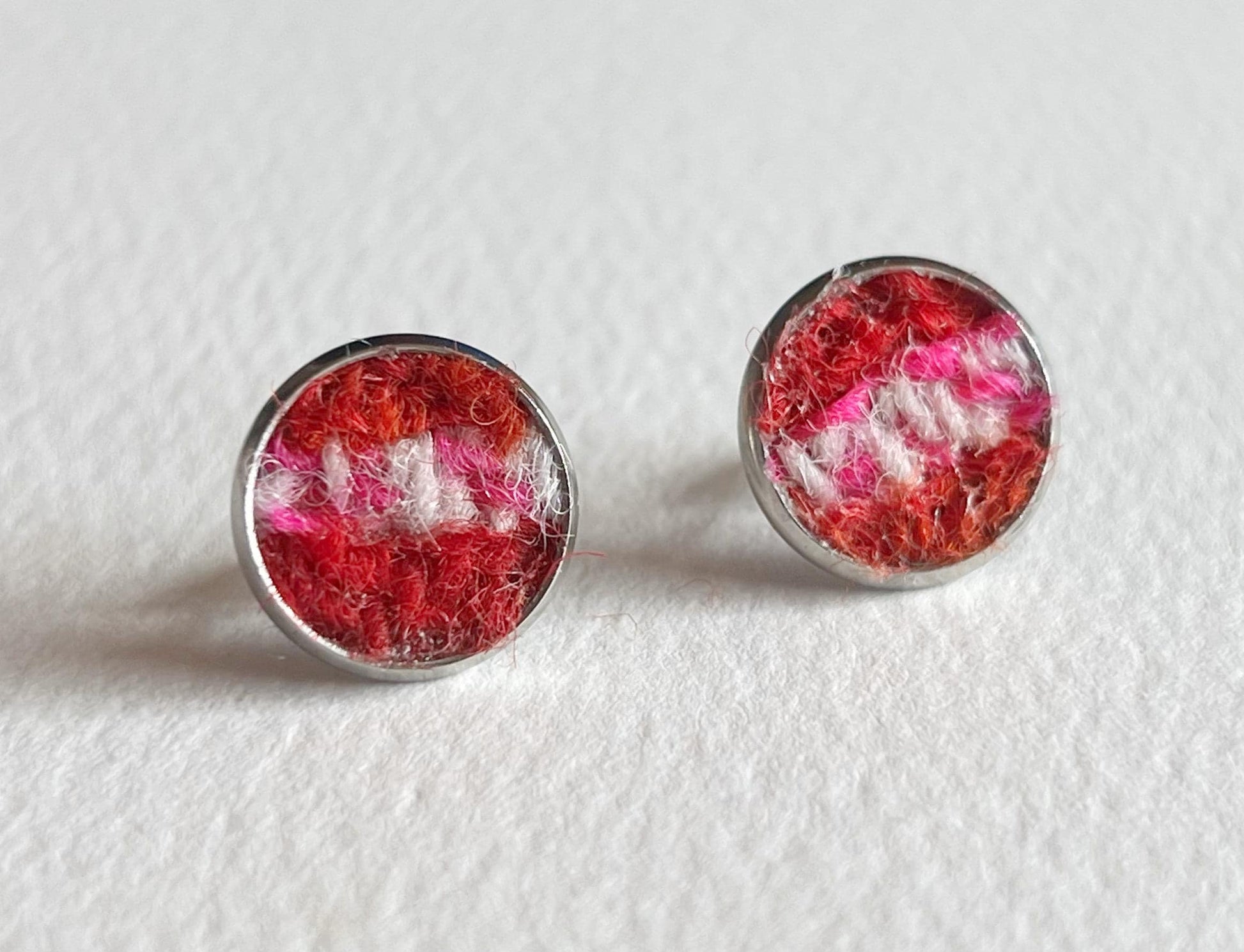 Harris Tweed Stud Earrings, Handmade in Scotland, Red, Pink & Orange Patchwork Tweed, 20mm