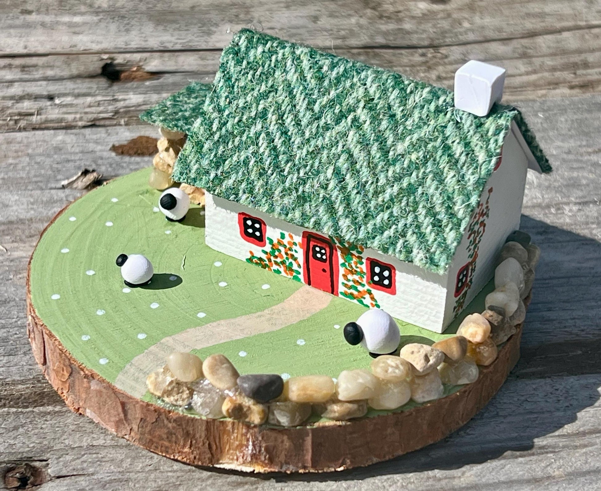 Green Harris Tweed Keepsake Miniature Scottish Sheep Bothy Collectible, Handmade in Scotland