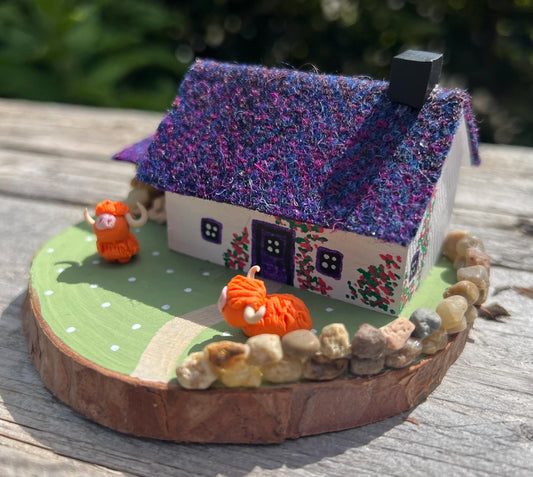 Dark Purple Harris Tweed Miniature Scottish Bothy with Highland Cows