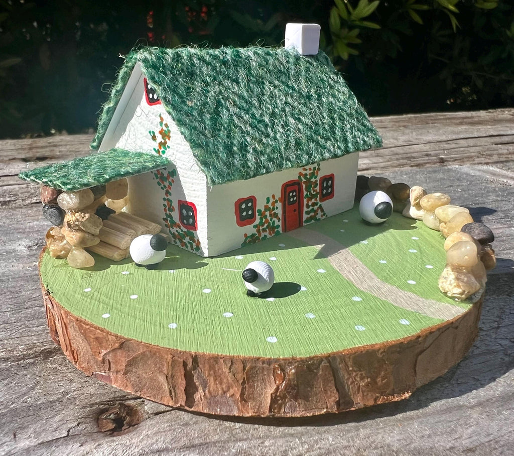 Green Harris Tweed Keepsake Miniature Scottish Sheep Bothy Collectible, Handmade in Scotland