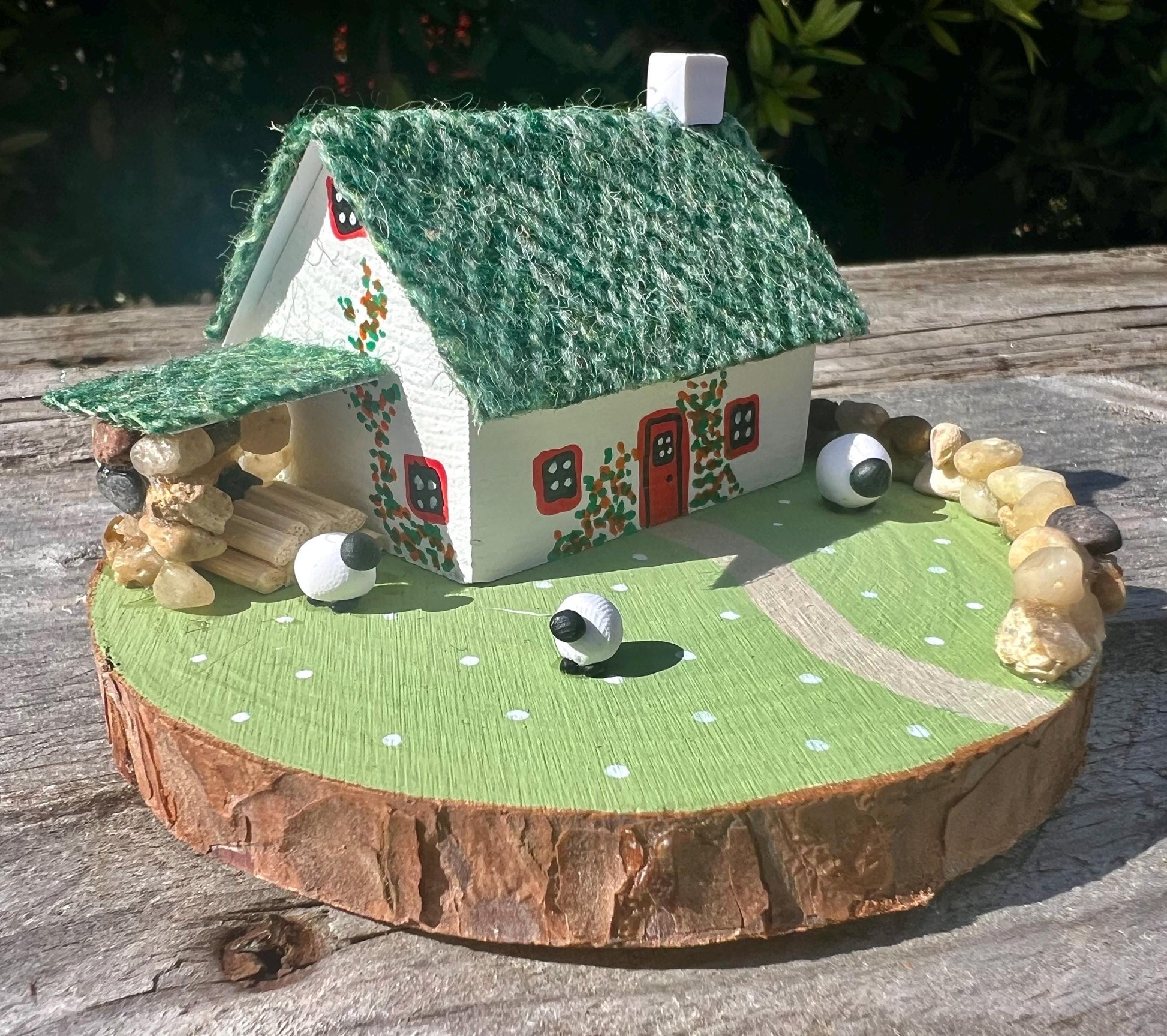Green Harris Tweed Keepsake Miniature Scottish Sheep Bothy Collectible, Handmade in Scotland