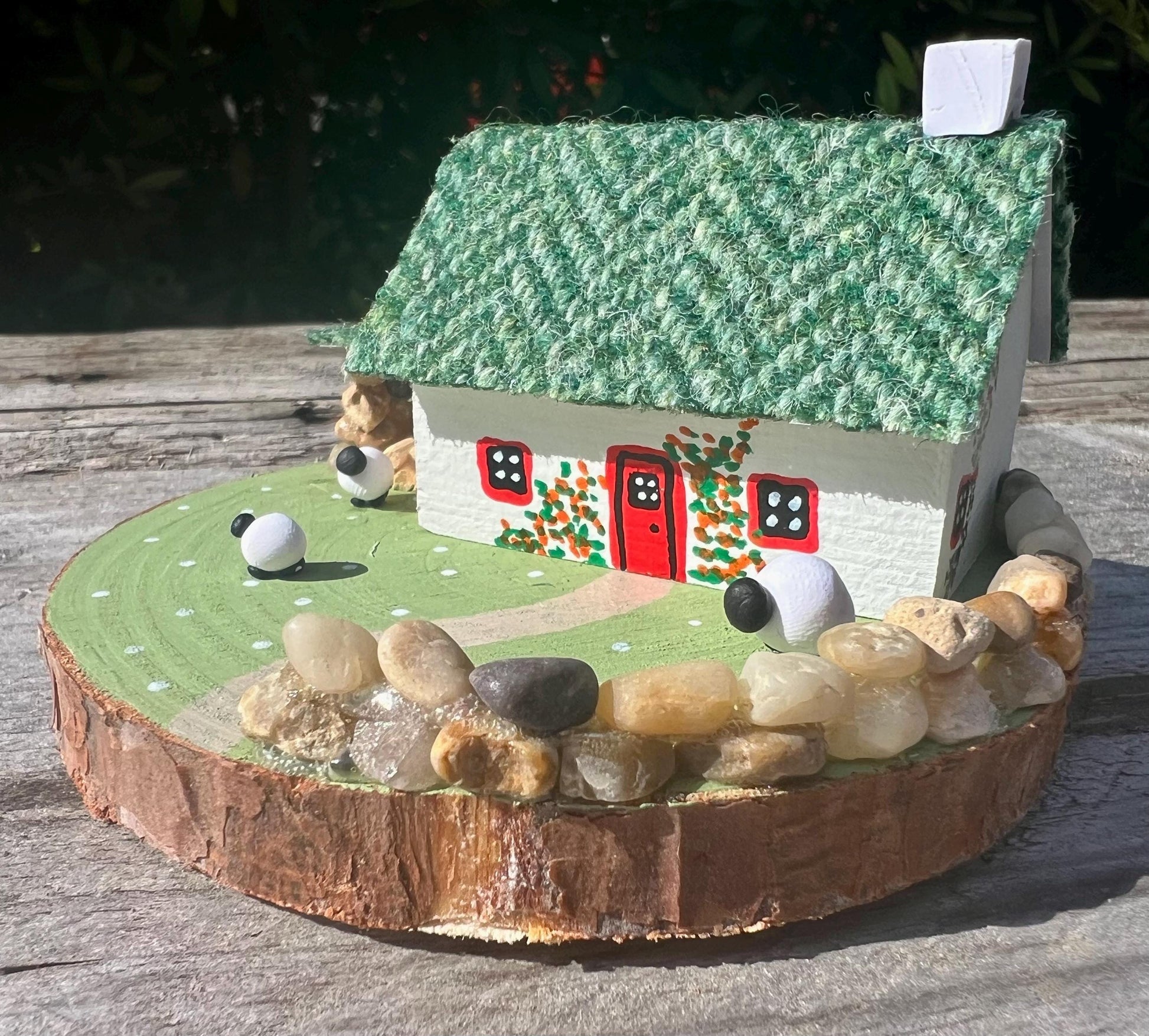 Green Harris Tweed Keepsake Miniature Scottish Sheep Bothy Collectible, Handmade in Scotland