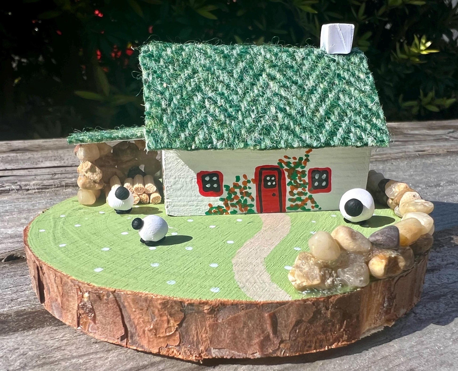 Green Harris Tweed Keepsake Miniature Scottish Sheep Bothy Collectible, Handmade in Scotland