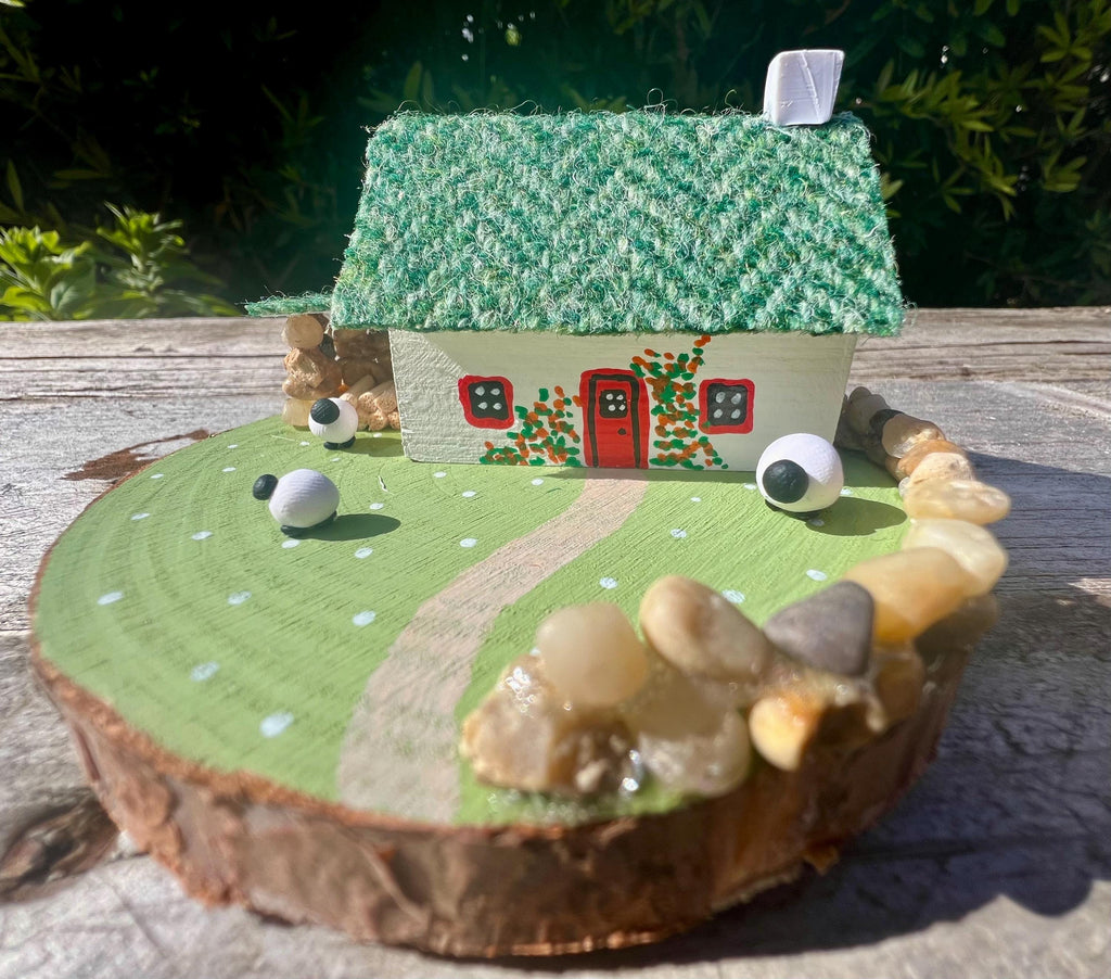 Green Harris Tweed Keepsake Miniature Scottish Sheep Bothy Collectible, Handmade in Scotland