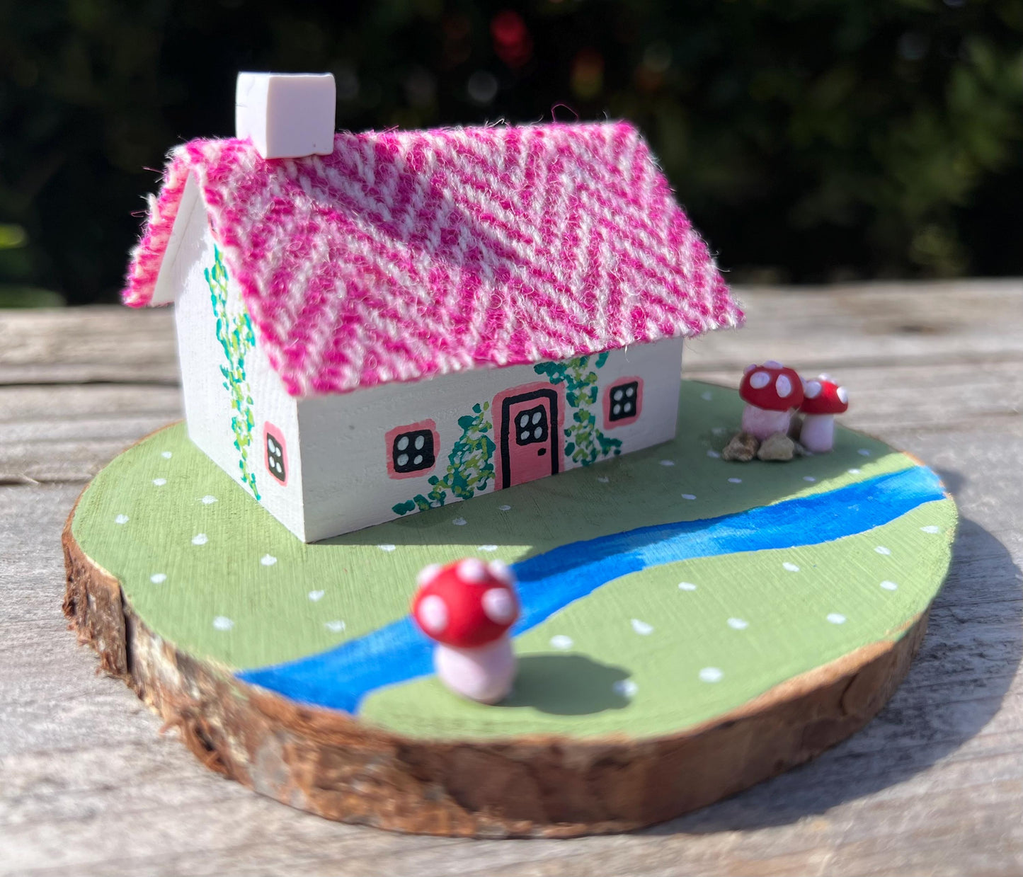 Pink Striped Harris Tweed Miniature Scottish Bothy with Mushrooms