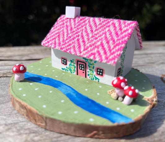 Pink Striped Harris Tweed Miniature Scottish Bothy with Mushrooms