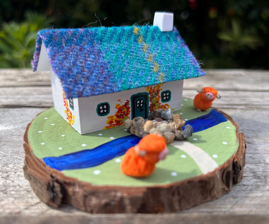Teal & Purple Harris Tweed Miniature Scottish Bothy with Highland Cows