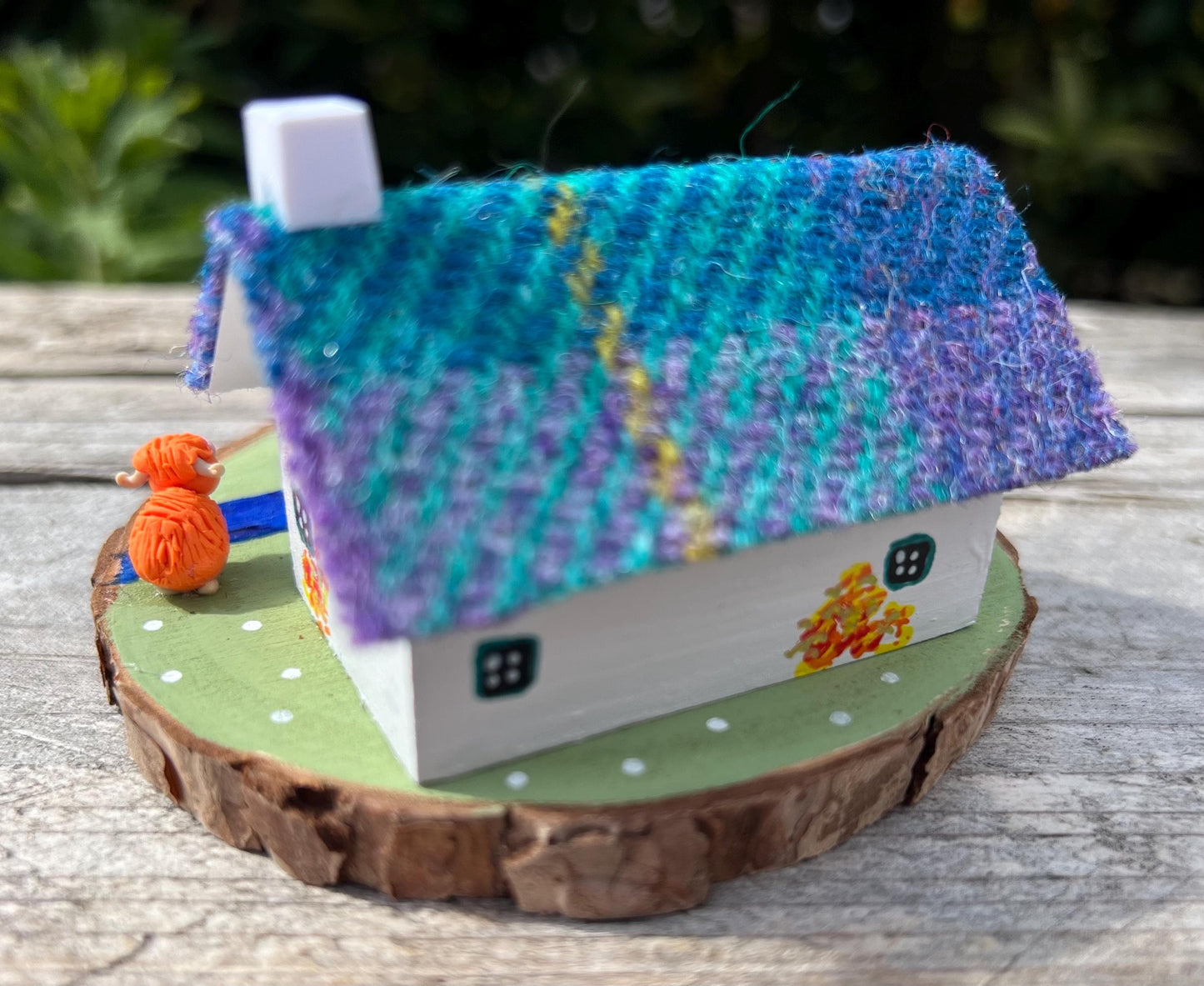 Teal & Purple Harris Tweed Miniature Scottish Bothy with Highland Cows