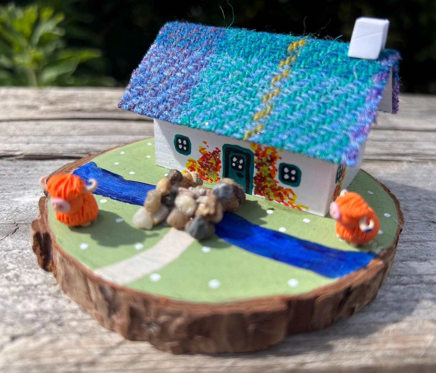 Teal & Purple Harris Tweed Miniature Scottish Bothy with Highland Cows