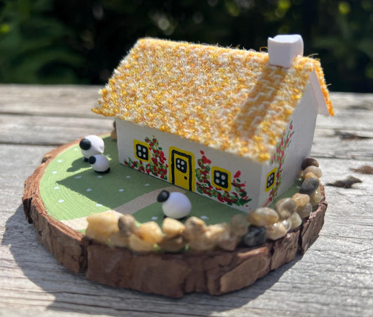 Yellow Harris Tweed Miniature Scottish Bothy with Sheep