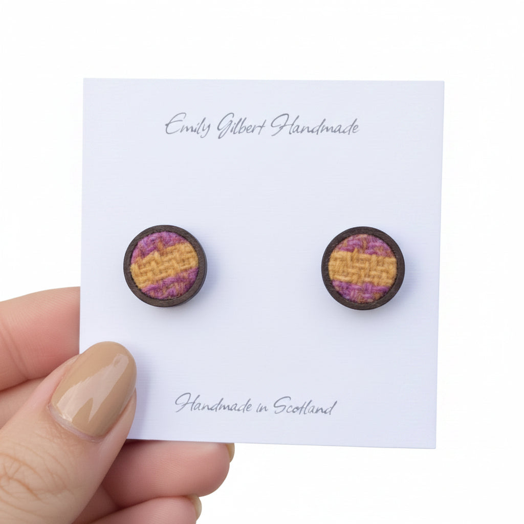 pair of pink and yellow harris tweed earrings 