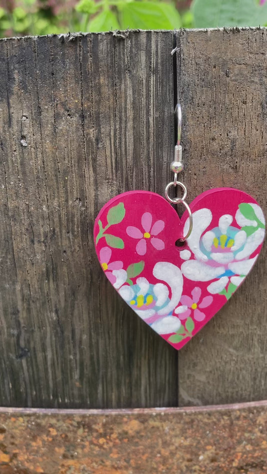 Hand painted Hot Pink Rose Heart Lightweight Dangle Wooden Unique Earrings, Handmade in Scotland